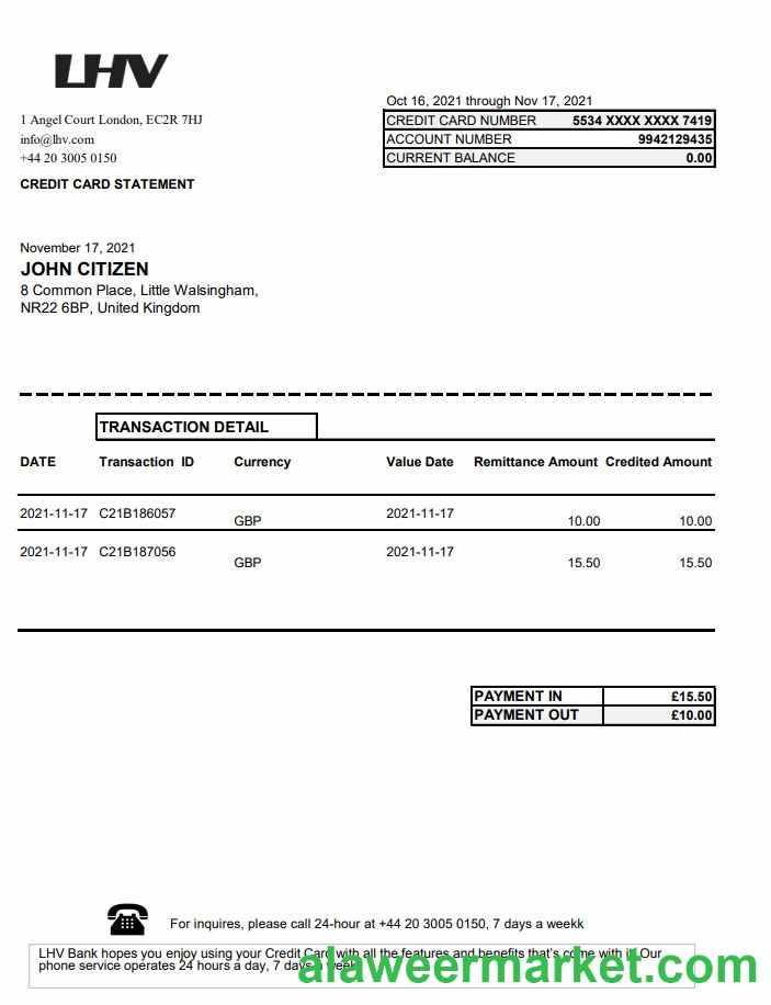 United Kingdom LHV Group bank statement in Excel and PDF format